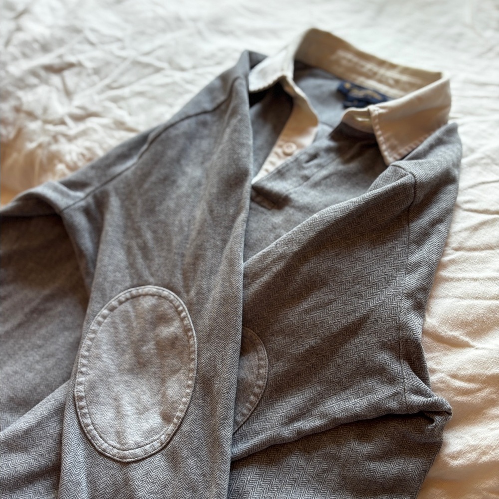 Brooks Brothers Gray Herringbone Shirt with White Collar and Elbow Patchs